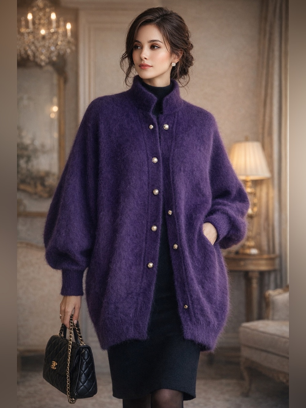 Royal Purple Angora Dolman Sleeve Coat Quiet Luxury Old Money Chic Mock Neck